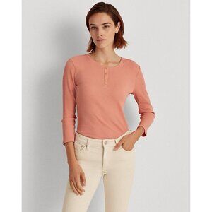 Lauren Ralph Lauren Pink Ribbed Fitted Henley Top Women L Stretch Slinky 3/4 Sle